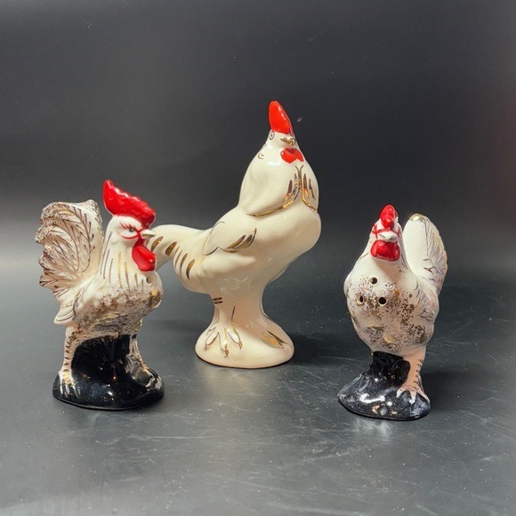 1 Vintage rooster & set of Salt & Pepper Shakers Rooster & Hen Japan Gilded 4.5” - Picture 9 of 9